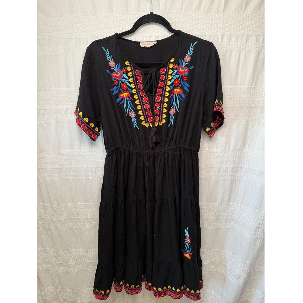 Solitaire Black Embroidered Dress, Size L  Boho Peasant